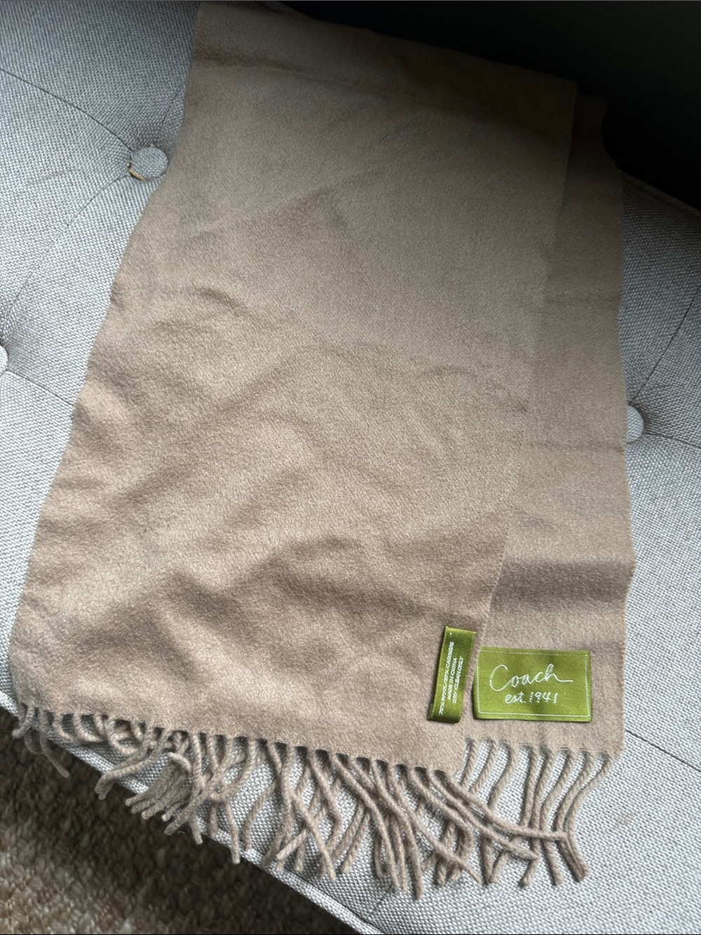 Coach Camel Wool Cashmere Scarf with Fringe